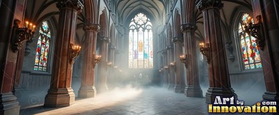 A cathedral with stone walls interior filled with low white mist between tall brown pillars