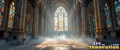 In a misty cathedral, sunlight streams past stone pillars onto the floor