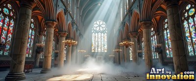 Shining through mist, bright sunbeams fill a gothic cathedral hall