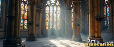 Cathedral interior with sunlight shining through tall stained glass windows