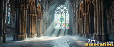 Tall stone pillars flank a hazy cathedral aisle as sunlight comes through a window