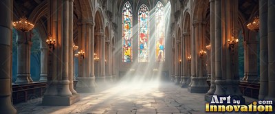 A cathedral fills with mist as sunlight pours through stained glass in bright white beams