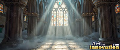 Seen from floor level in a misty cathedral, sunlight shines down through a tall window