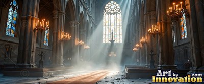 Sunlight shines through windows onto mist inside a cathedral with stone walls