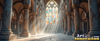 In a cathedral, sunbeams stream through a stained glass window onto marble columns