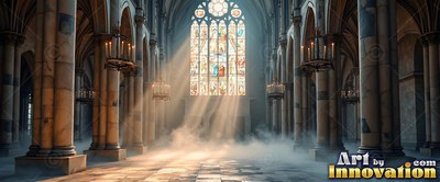 Streaming through stained-glass panels, sunlight cuts across a misty stone cathedral