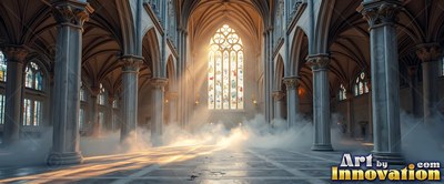 Sunlight shines through a cathedral window onto smoky floors