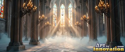 Tall stone pillars flank sunlit mist flowing across the floor of a gothic cathedral
