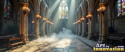 A cathedral with stone walls fills with mist as sunlight streams down in bright white beams