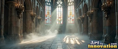 Viewed straight down the stone aisle of a cathedral with mist and sunlight