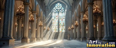 Sunlight shines through stained glass into a hazy tall stone cathedral lined with chandeliers