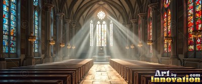 Inside a stone cathedral, bright sunbeams stream across wooden pews