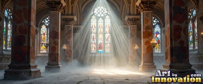 Pouring through colored glass, bright sunbeams fill a misty cathedral hall