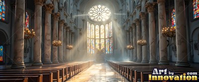 Sunlight comes through cathedral windows over wooden pews