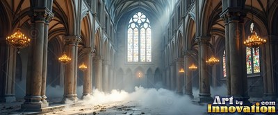 Tall stone pillars line a misty gothic cathedral under pale sunbeams from tall windows