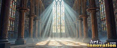 A Gothic cathedral fills with bright sunbeams pouring through a tall window into pale mist