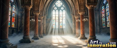 Looking straight into a cathedral with stone walls as sunlight streams across the mist