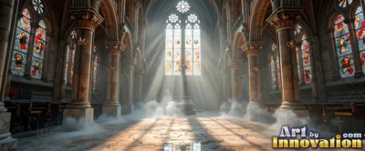 Sunlight streams through stained glass panes onto the misty stone floor of a cathedral