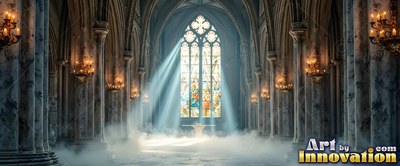 In a tall stone cathedral, sunlight streams through a stained glass window into white mist