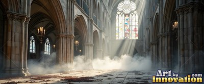 Shining through haze, sunlight fills a tall stone cathedral with tall arched halls