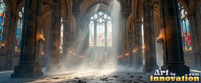 Cathedral interior with light beams shining through white mist