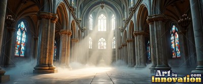 Sunbeams stream past stone columns onto the misty tiled floor of a quiet cathedral