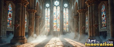A stone cathedral fills with white mist as bright sunbeams stream past stained glass windows