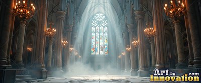 Looking down the stone aisle of a cathedral with sunbeams and light smoke