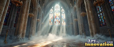 Sunlight beams through colored glass into a misty tall stone cathedral