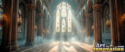 Inside a stone cathedral, white sunlight shines through windows onto mist