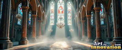 Shining through mist, bright sunbeams fill a cathedral hall lined with tall pillars