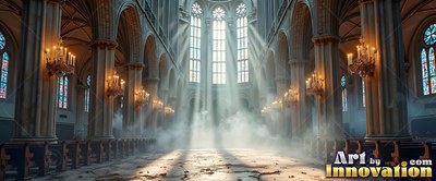 Sunlight shines through mist in a cathedral aisle