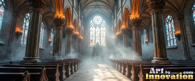 Tall stone pillars line the aisle of a sunlit cathedral filled with white smoke and wooden pews