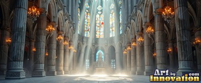 A cathedral nave catches sunbeams falling past high pillars onto pale stone floors