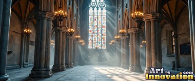 Facing down the stone aisle of a cathedral as sunbeams stream through a stained glass window