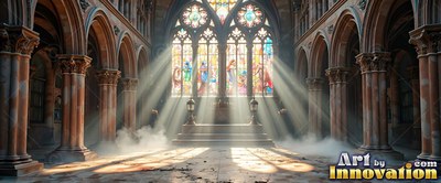 Sunlight beams stream through stained-glass panels into a misty cathedral with stone walls hall