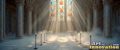 In a misty cathedral, sunbeams stream through a stained-glass window