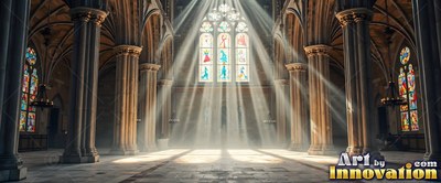 Streaming through high stained glass, bright sunbeams light a tall stone cathedral aisle