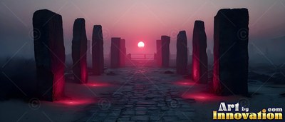 Tall stone pillars along a path under a pink sunset sky