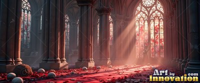 A cathedral hall fills with sunbeams from arched windows shining across a red petal-covered floor