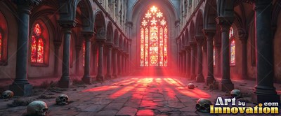 Looking down a cathedral aisle where red light shines through a tall window
