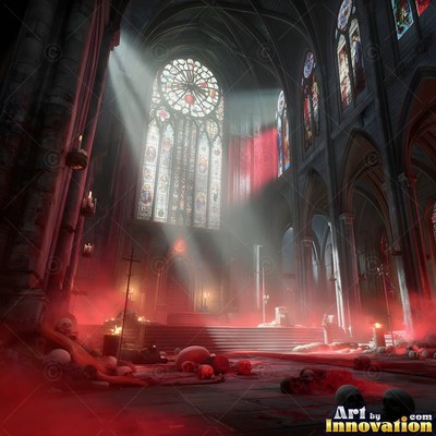 In a stone cathedral, red fog and human skulls cover the floor under sunlight