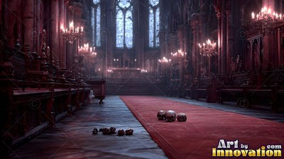 Stretching down a dark cathedral aisle, a red carpet holds human skulls
