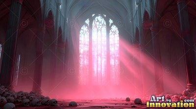 Cathedral floor covered in human skulls under pink light beams