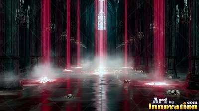 Vertical red beams of light cut through mist inside a dark gothic cathedral nave