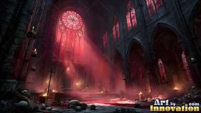 A dark cathedral fills with red light streaming down from a round stained-glass window