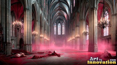 Lying flat on the red floor of a stone cathedral filled with pink mist