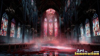 Red light shines through stained glass windows into a dark misty cathedral