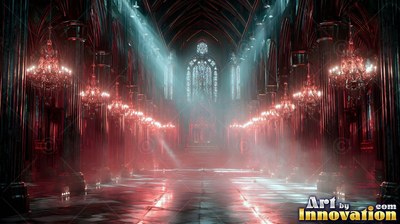 In a dark red cathedral, white light beams shine through misty air onto the floor