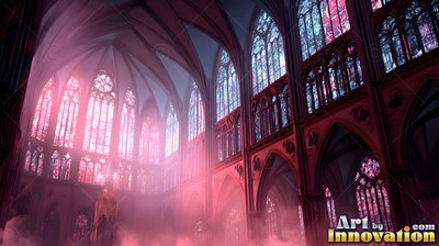 Pouring pink light through tall windows, a cathedral with stone walls fills with pale mist